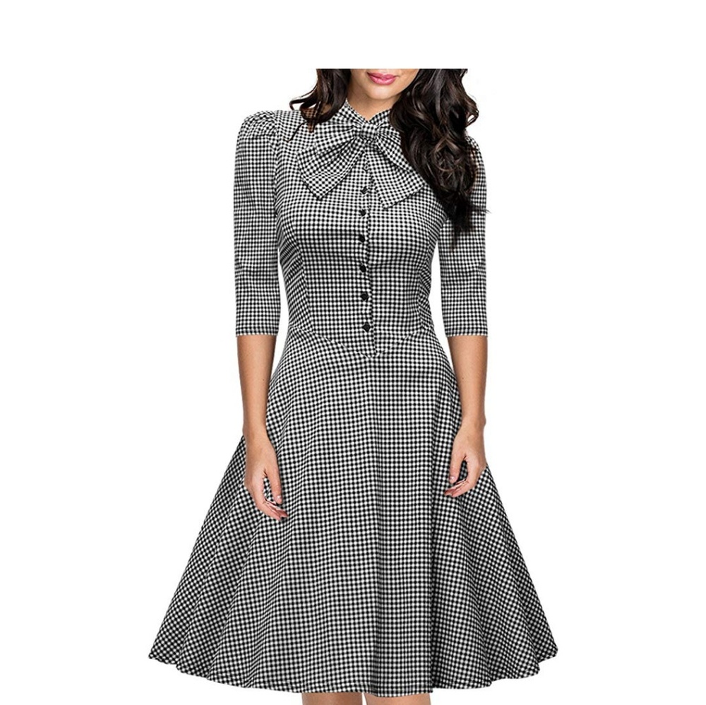 Women's Official Bow Neck Plaid Slim Half Sleeve V